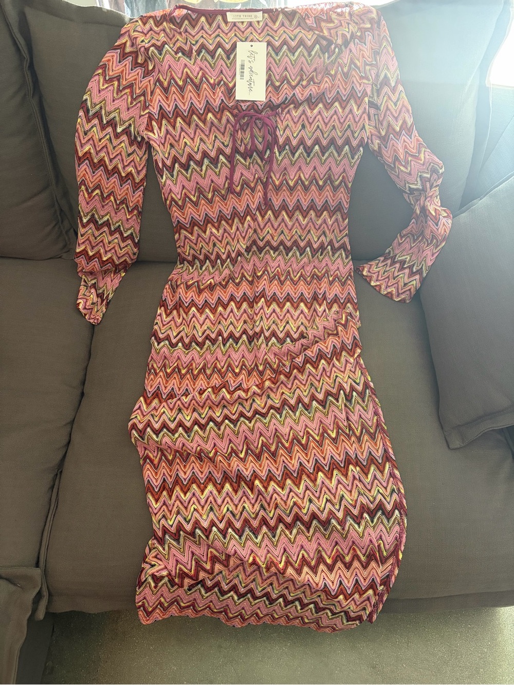 Missoni Style Pink Zigzag Knit Midi Dress